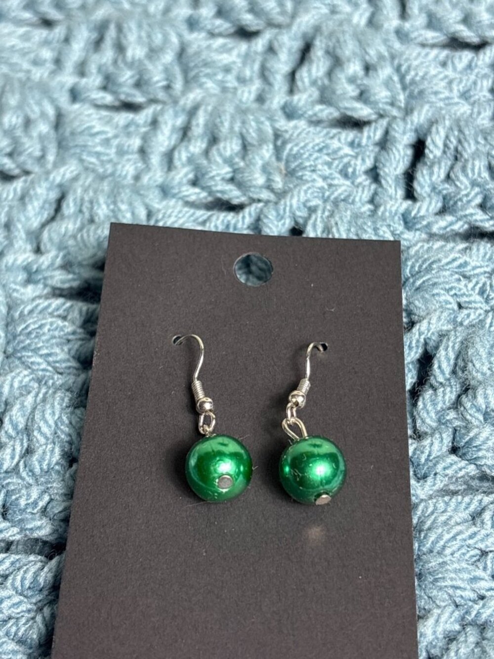 Green Plastic Bead Dangle Earrings Silvertone Hooks 0.5 inch